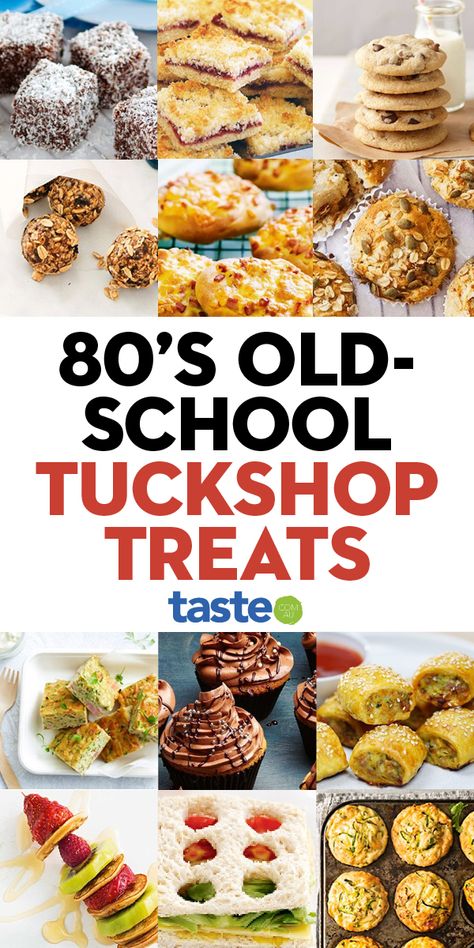 Jam drops, bacon and cheese rolls, pizza scrolls: how many of these retro school canteen treats do you remember? #oldschoolrecipes #classicrecipes #retrorecipes #80srecipes #80s #australia #australian #australianrecipes Tuck Box Boarding School, Tuckshop Ideas School, School Tuck Shop Food Ideas, Tuck Shop Ideas School, Tuckshop Food Ideas, Lunch Baking Ideas, 80’s Snacks, Canteen Food Ideas, 80s Food Ideas