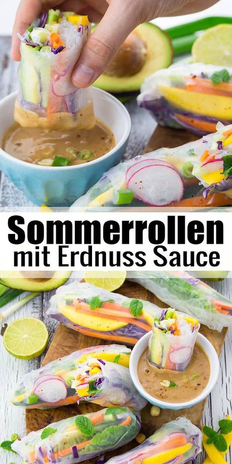 Sommerrollen mit Erdnusssauce gehen einfach immer! Super lecker, gesund und einfach zuzubereiten. Das perfekte Party Food! Mehr vegetarische Rezepte und vegane Rezepte auf veganheaven.de! #vegan #vegetarisch #einfacheRezepte Snack Sani, Summer Rolls, Vegan Recipes Healthy, Vegan Eating, Iftar, Vegan Dishes, Base Foods, Vegan Dinners, Couscous