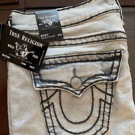 Authentic True Religion Jeans - Ricky Slim - Light Blue With Dark Threading. 34 In In-Seam True Religion Outfits, True Religion Jeans Men, Designer Jeans For Women, 10th Grade, Future Wardrobe, Future Clothes, Street Style Outfits Men, Clothes Shopping, True Religion Jeans