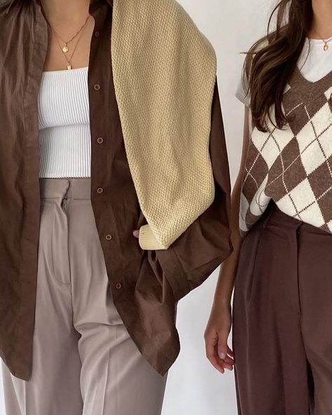 Brown Oversized Button Up Shirt Outfit, Brown Smart Casual Outfit, Earthly Tones Outfit, Brown Shirt Aesthetic, Brown Button Up Outfit, Beige And Brown Outfit Ideas, Cream And Brown Outfits, Skin Colour Clothes, Character Clothes Ideas