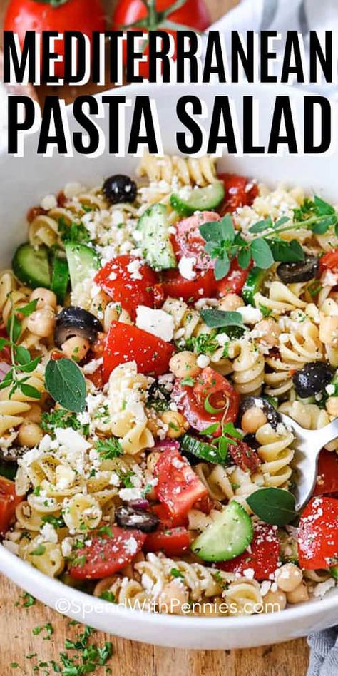 A healthy Mediterranean pasta salad is always a hit with my family and friends. Made with cucumbers, olives, artichokes, chickpeas, and feta cheese and topped with a homemade Greek dressing. It is a filling side but so easy to make. #spendwithpennies #mediterraneanpastasalad #pastasalad #salad #withchickpeas Healthy Mediterranean Pasta, Homemade Greek Dressing, Mediterranean Pasta Salad, Mediterranean Pasta Salads, Greek Dressing, Mediterranean Pasta, Tuna Salad Pasta, Caprese Pasta, Easy Mediterranean Diet Recipes