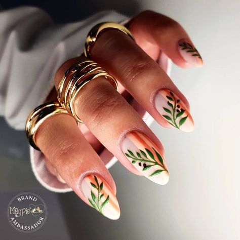 Brown Nails With Leaves, French Nails With Leaves, Fern Nail Art, Plant Inspired Nails, Summer Manicure Designs, Plant Nails, Classy Plus Size, Olive Nails, Festive Nails