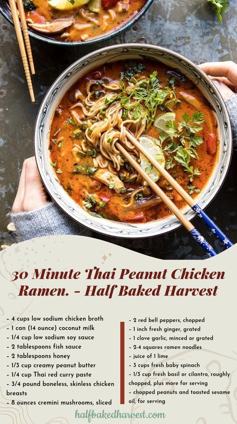 image Recipe: This 20 Minute Thai Peanut Chicken Ramen is for those nights when you need a cozy, healthy dinner, and you need it fast. All made in one pot, using healthy, pantry staple, ingredients. It's creamy, spicy, filled with veggies, lean chicken, and ramen noodles. 30 Minute Crispy Thai Peanut Chicken Ramen, Thai Peanut Chicken Ramen, Peanut Chicken Ramen, Chicken And Ramen, Thai Peanut Ramen, Thai Chicken Peanut, Postpartum Prep, Thai Peanut Chicken, Healthy Pantry