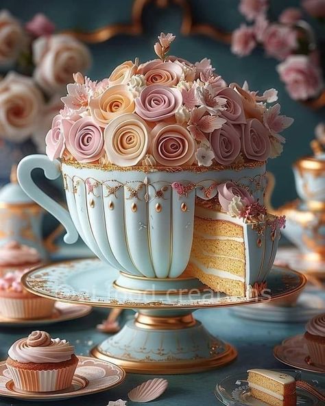 Luxury Cake Birthday, Fantasy Cakes Birthday, Fantasy Cake Design, Ornate Birthday Cakes, Cup Of Tea Cake Design, Tea Cup Cake, Amazing Food Decoration, Luxury Cake, Beautiful Cake Designs