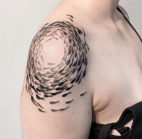 Shoal Of Fish Tattoo, Shoulder Cuff Tattoo, Murmuration Tattoo, Textured Tattoos, Ocean Hip Tattoo, Cool Fish Tattoo, School Of Fish Tattoo, Leaf Tattoo Sleeve, Deep Sea Tattoo