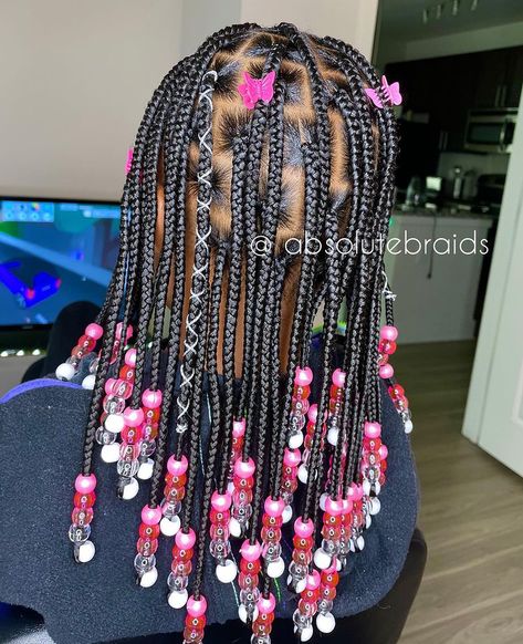 Knotless Box Braids With Pink Beads, Pink Beads On Braids, Box Braids With Pink, Pink Beads Braids, Black Braids With Pink Beads, Braided Hairstyles With Pink Beads, Braids With Pink Extensions, Box Braids Kids, Birthday Briads