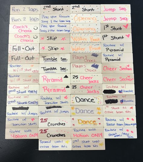 Cheer Jenga.. a game for cheerleading teams Cheer Goal Board, Cheer Team Traditions, Cheerleading Bonding Activities, Team Building For Cheerleaders, Cheer Captain Binder Ideas, Team Bonding Games Cheerleading, Cheer Games For Practice, Cheer Team Bonding Games, Cheer Bonding Ideas