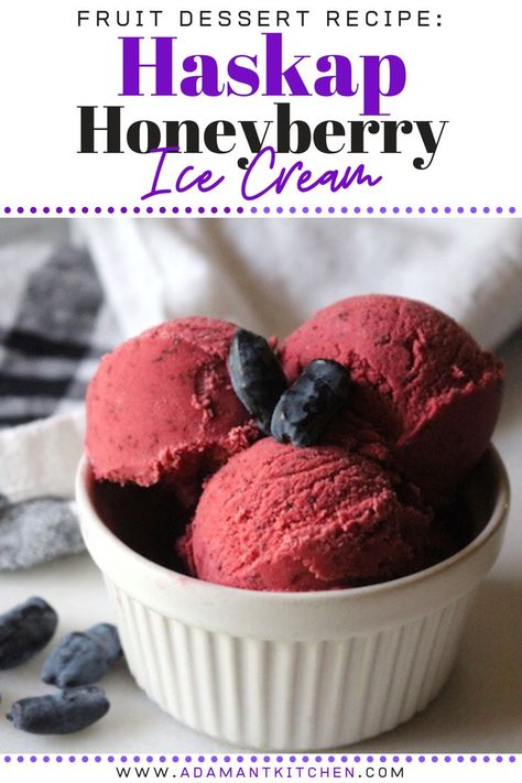 Haskap berries are tart fruits that thrive in cold northern climates.  Similar to blueberries, they’re perfect for homemade haskap ice cream! #haskap #berries #fruit #blueberry #icecream #recipe #admantkitchen Honeyberry Recipes, Haskap Recipes, Haskap Berries, Honey Berries, Haskap Berry, Homemade Pie Recipes, Ice Cream Recipes Machine, Blueberry Ice Cream, Easy Ice Cream Recipe