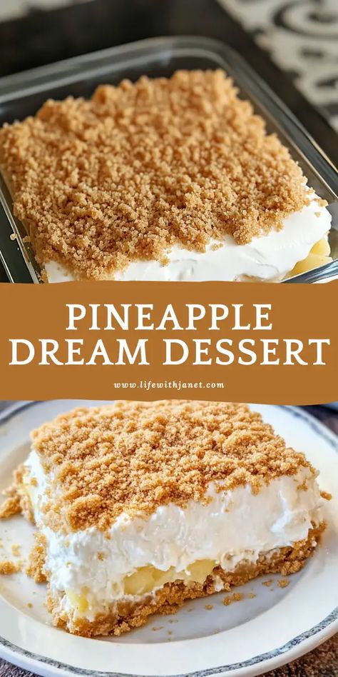 Pineapple Dream Dessert Pistachio Pineapple Dessert, No Bake Pineapple Cream Dessert Recipe, Pineapple Healthy Dessert, Baked Pineapple Dessert, Pineapple Crunch Desserts, Pineapple Dream Cheesecake, Hawaiian Delight Dessert, Recipes Using Crushed Pineapple, Pineapple Tidbits Recipes