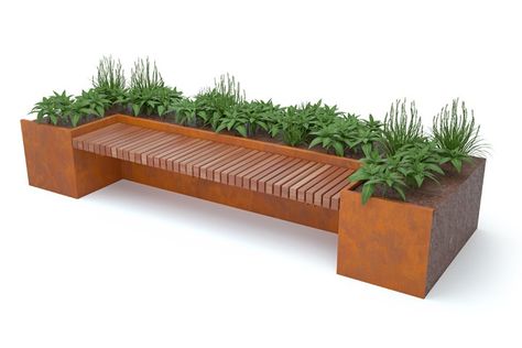 Incorporate inset benches into planter walls to create hidden seating areas. Wooden Seating Bench, Raised Garden Bed Bench, Cantilever Bench, Wooden Benches Outdoor, Hidden Seating, Planter Benches, Planter Seat, Bench Planter, Ideas Terraza