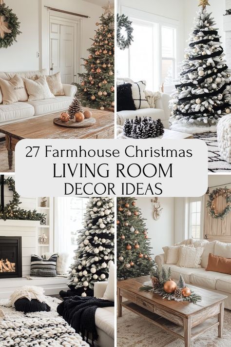 A cozy farmhouse living room adorned with Christmas decor. Features include a festive tree, rustic wreaths, and a wooden coffee table. Warm and inviting ambiance. Christmas Decor For Living Room, Wonderland Decor, Farmhouse Christmas Decor Ideas, Charming Farmhouse, Christmas Decorations Living Room, Christmas Living Rooms, Christmas Wonderland, Farmhouse Christmas Decor, Christmas Decor Ideas