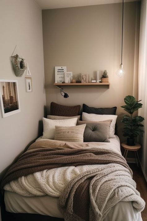 Home decoration- modern bedroom decoration ideas- free beginners Bed In Corner Of Room Against Wall, Tiny Guest Room, 2024 Design Trends, Small Studio Apartment Decorating, Birthday Decoration Ideas, Bedroom Birthday, Room Organization Bedroom, Brown Rooms, Dorm Living