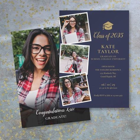 $2.65 | 4 Photo Navy Blue Gold Graduation Party Invitation #4 photo collage, navy blue and gold, high school graduation invitations, college graduation invitations, graduate open house invitations, college grad announcements, photo graduation invitations, class of 2024 graduation invitations, grad party invites, graduation party invitations template Blue Gold Graduation Party, College Grad Announcements, Modern Graduation Party, Graduation Invitations High School, Graduation Party Invitations Templates, Open House Invitation, Gold Graduation Party, Graduation Templates, Graduation Signs