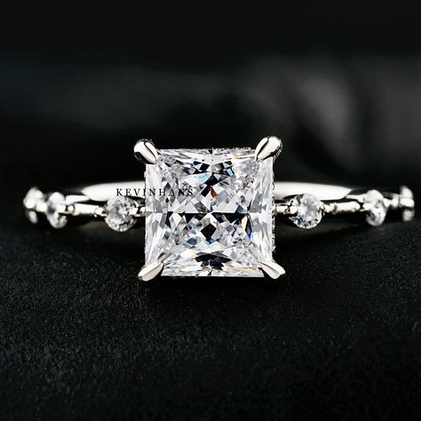 Moissanite Engagement Ring Princess Cut, Princess Cut Engagement Ring With Side Stones, Dainty Princess Cut Engagement Ring, Princess Cut Settings, Princess Cut Moissanite Engagement Ring, Dream Engagement Rings Princess Cut, Dream Ring Princess Cut, Unique Engagement Rings Princess Cut, Princess Cut Diamond Rings