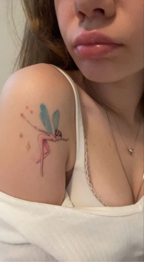 Pink Fairy Tattoo, Fairy Tattoo Colorful, Light Colored Tattoos, Color Fairy Tattoo, Light Pink Tattoo, Sapphic Tattoo Ideas, Pink Heart Tattoo, Whimsy Tattoo, Pixie Tattoo