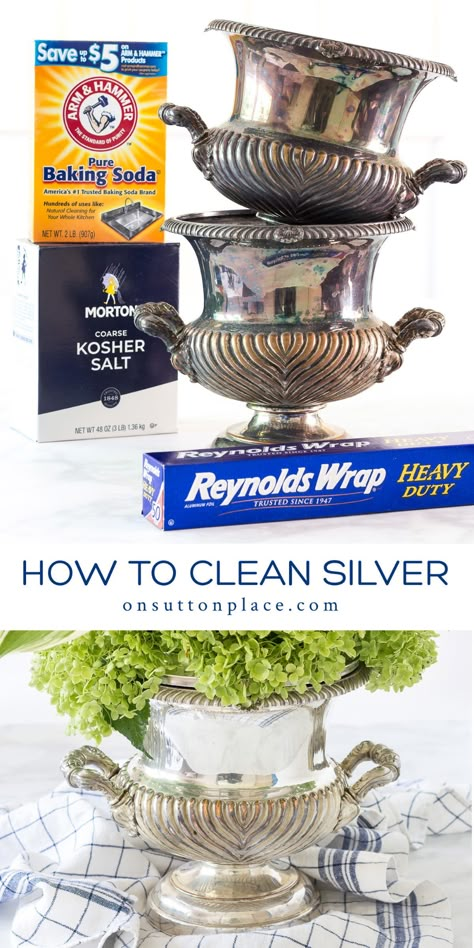 Clean Silverware, Cleaning Tarnished Silver, How To Clean Silverware, How To Clean Silver, Diy Cleaning Solution, Clean Sterling Silver, Sutton Place, Silver Cleaner, Silver Bowl