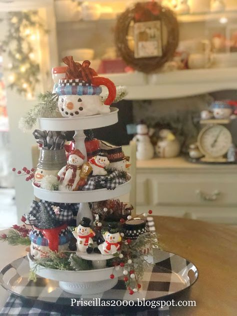 How To Decorate 3 Tiered Tray Christmas, Snowman Tiered Tray Ideas, Snowman Tiered Tray Decor, Christmas Three Tiered Tray, Christmas Three Tier Stand Decor, Winter Three Tier Tray, Snowman Tin Tiered Serving Tray, Fall Subway Art, Book Page Wreath