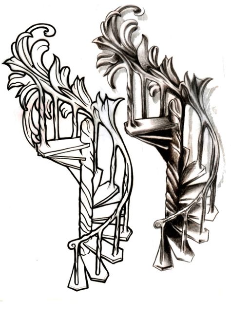 Spiral Staircase Tattoo Design This Was Custom Drawn For A Customer Staircase Tattoo Design, Spiral Staircase Tattoo, Spiral Staircase Drawing, Staircase Sketch, Staircase Tattoo, Enlightenment Tattoo, Tattoo Therapy, Staircase Drawing, Wicked Tattoos