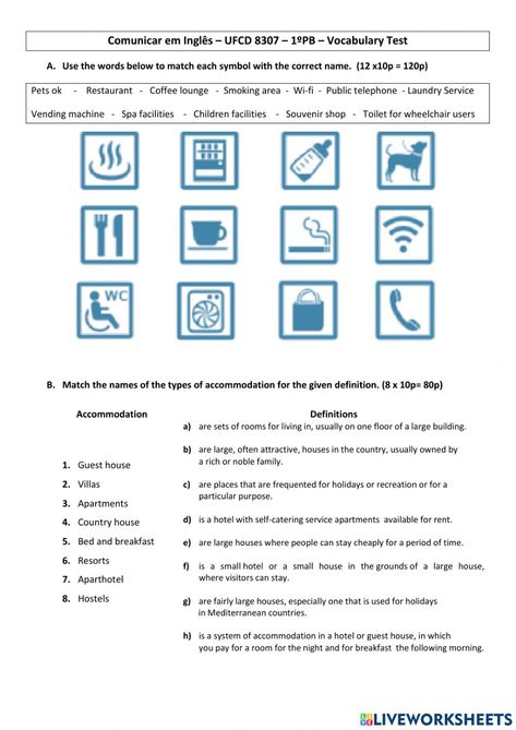 Hotel facilities and types of accommoddation worksheet Hotel Facilities, Esl Vocabulary, Reading Test, Esl Lessons, English As A Second Language (esl), English As A Second Language, English Language Learning, Second Language, English Class