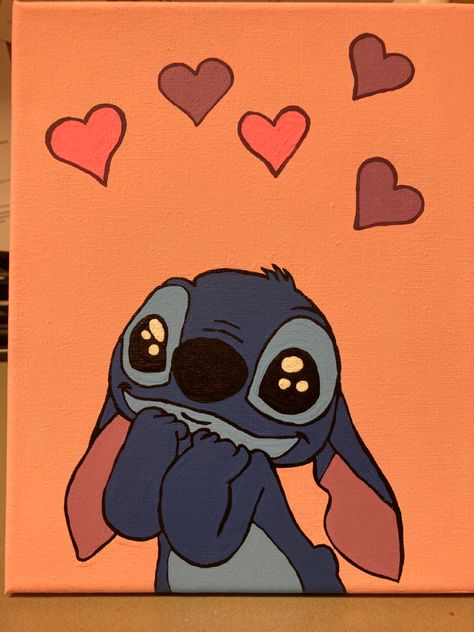 Stitch Disney Canvas Painting, Stitch Love Drawing, Cartoon Love Paintings, Cute Love Canvas Paintings, Mini Canvas Art Easy Cute Love, Small Canvas Art Love, Cute Stitch Painting, Cute Painting Ideas For Boyfriend Cartoon, Cute Love Paintings Easy