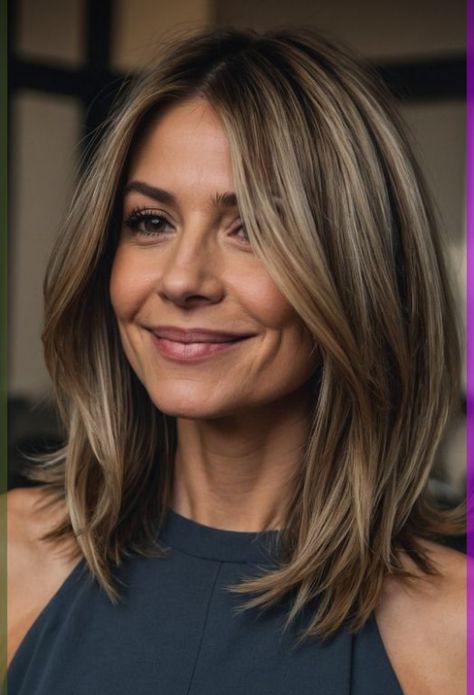 Blond Highlights Medium Length Hair, Jennifer Aniston Hair Short Layers, Ash Blonde Hair Medium Length, Middle Short Haircut, Olive Tone Skin Hair Color, Blonde Hair On Olive Skin, Blonde Balayage On Dark Hair Straight, Lob With Long Bangs, Mouse Brown Hair