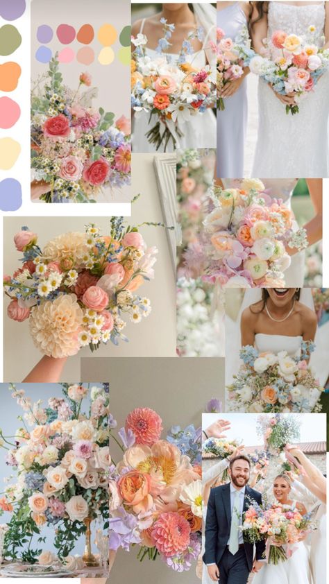 Wedding Color Schemes Wildflower, 70s Spring Wedding, Wedding Wildflower Theme, Wildflower Wedding Color Palette, Wildflower Wedding Theme Bridesmaid, Garden Wedding Color Palette, Wildflower Color Palette Wedding, Wild Flower Wedding Theme Color Schemes, Wildflower Wedding Bridesmaids