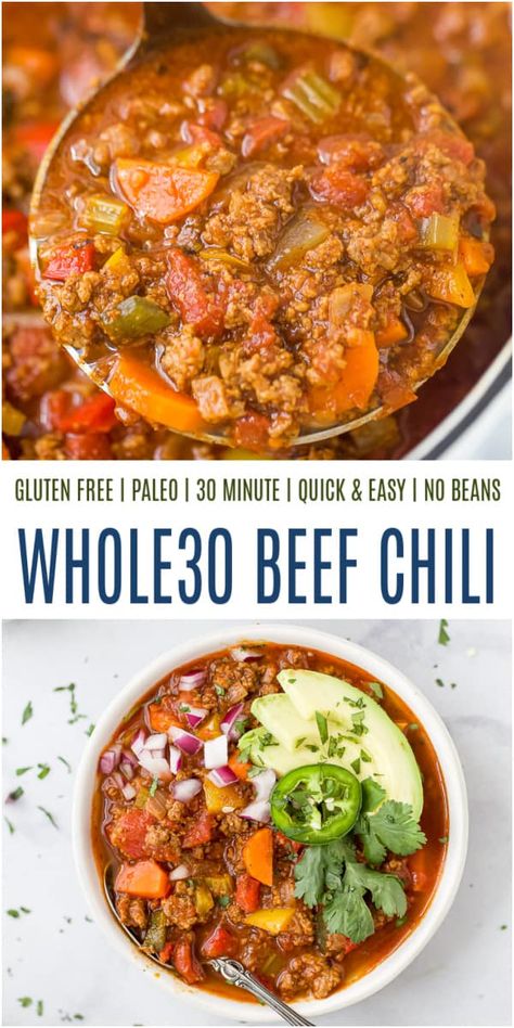 Whole30 Chili Crockpot, Whole 30 Chili Recipe Crock Pot, Chili Recipe Whole 30, Whole Food Chili Recipe, Whole 30 Chilli, While 30 Chili, Whole 30 Beef Chili, Whole30 Chili Recipe, Best Whole 30 Recipes Dinners