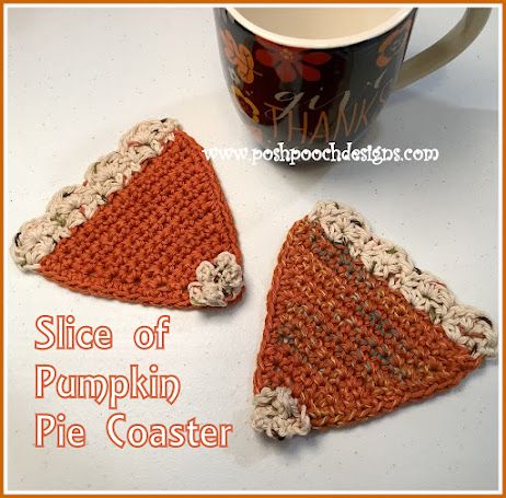 st   Pattern:   R: 1 – With C1, ch 2, 3 sc in the 2nd ch from the hook, turn ch1, (3 sc)   R: 2 – 2 sc in the 1st sc, sc in the next, 2 sc in the next sc, turn, ch 1 (5 sc) Coaster Crochet Pattern, Coaster Crochet, Pie Slice, Coaster Pattern, Holiday Crochet, Crochet Coasters, Half Double Crochet, Yarn Needle, Slip Stitch