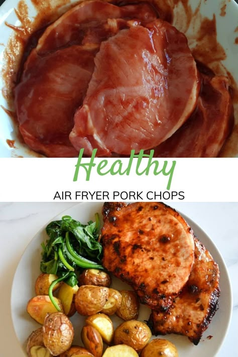 These easy, healthy 15 minute air fryer boneless pork chops are really easy to make and taste fantastic with a lovely BBQ glaze. Perfect as a weeknight dinner recipe, and suitable for many diets including keto. Air Fryer Barbecue Pork Chops, Ninja Foodi Air Fryer Pork Chops, Healthy Boneless Pork Chop Recipes Air Fryer, Air Fryer Pork Chops Boneless Easy, Easy Boneless Pork Chop Recipes Air Fryer, Bbq Pork Chops Air Fryer, Air Fryer Marinated Pork Chops, Airfryer Pork Chops Boneless, Air Fryer Bbq Pork Chops Boneless