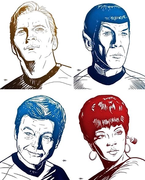 Kirk, Spock, McCoy, and Uhura #startrek #tos #fanart                                                                                                                                                     More Book Rebinding, Best Sci Fi Series, Iron Man Drawing, Star Trek Wedding, Star Trek Tv Series, Kirk Spock, Star Treck, Star Trek Show, Star Trek Funny