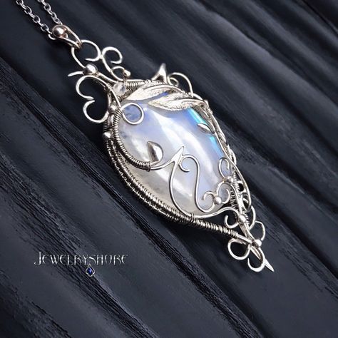 Silver Pendant Moonstone Wire Wrapped Necklace Floral Leaf Pendant Art Nouveau Silver Necklace Wire Wrap Pendant Elven Elvish Necklace Fantasy Pendant Necklace, Elven Jewelry Necklaces, Elvish Necklace, Royalty Dr, Elven Necklace, Character Accessories, Fantasy Pendant, Wire Projects, Fantasy Necklace