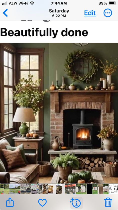 Sage Green Walls With Wood Trim, Green Kitchen Walls Brown Cabinets, Living Room Paint Color Ideas Green, Johanna Gaines Living Room, Oak Moss Sherwin Williams, Rustic Family Room Ideas, Green Living Room Paint Colors, Dark Wood Living Room, Green Kitchen Walls