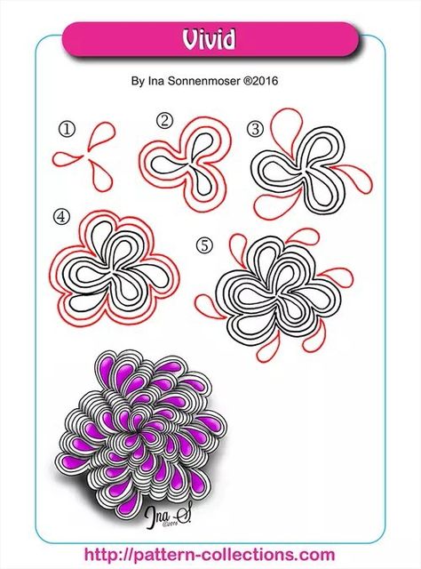 Vivid by Ina Sonnenmoser Tangled Doodles, Zentangle Gems, Modele Zentangle, Zantangle Art, Doodle Mandala, Zentangle Flowers, Zen Doodle Patterns, Zentangle Tutorial, Tangle Pattern