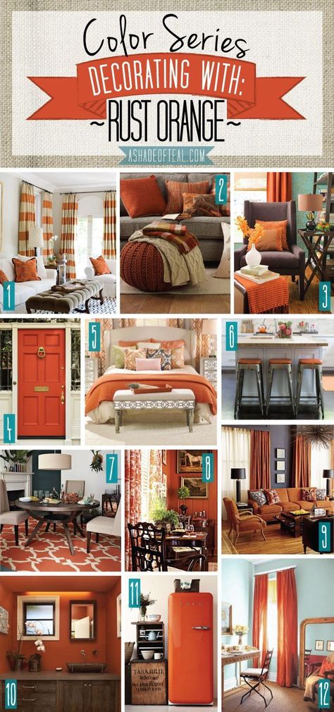 Color Series; Decorating with Rust Orange. Rust Orange burnt orange carrot tangerine pumpkin home decor | A Shade Of Teal Colorful Interior Decor, Rust Living Room Decor Burnt Orange, Cabin Livingroom, Rust Decor, Orange Color Scheme, Rustic Orange, Orange Home Decor, Living Room Orange, Bedroom Orange