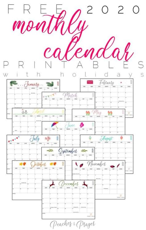 2020 monthly calendar printable free with holidays via @peachesandprayer Blank Calendar Pages, Free Monthly Calendar, Blank Monthly Calendar, Unique Calendar, Inspirational Printables, Monthly Planner Printable, Printable Calendar Template, Blank Calendar, Monthly Calendar Printable