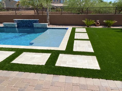 Pool With Grass Around It, Pavers With Turf In Between Around Pool, Modern Pool With Turf, Pavers With Grass In Between Around Pool, Pavers Around Pool, Pool Pavers With Turf, Vertical Patio Garden, Rectangle Pool With Artificial Turf, Stone Around Pool