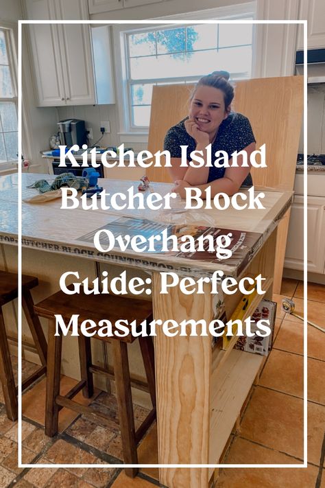 Person smiling behind a wooden kitchen island with a butcher block countertop in a bright kitchen. Butcher Block Island Countertops, Waterfall Butcher Block Counter, Kitchen Island Overhang For Seating, Butcher Block Waterfall Island, Butcher Block Island With Seating, Butcher Block And Quartz Countertops, Diy Butcher Block Island, Installing Butcher Block Countertops, Kitchen Island Butcher Block Top