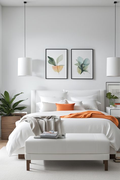 Thinking of updating your space? This chic white bedroom is one of 65 inspiring ideas we've gathered to give your home a fresh, modern look. White Bedrooms With Pops Of Color, White Walls Bedroom Ideas, White Bedroom With Pops Of Color, Bedroom Pop Of Color, Colour Bedroom Ideas, White Walls Bedroom, White Bedroom Ideas, White Wall Bedroom, Modern Bedroom Interior