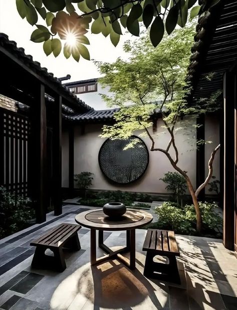 Chinese Style Garden, Japandi Style House Exterior, Chinese Backyard, Japandi Backyard, Modern Chinese Architecture, Modern Japanese Garden Landscapes, Japanese Home Decor Traditional, Chinese Garden Landscape, Japanese Home Exterior