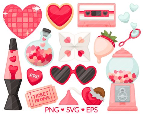 Heart Sunglasses Illustration, Valentine’s Day Clipart, Strawberry Disco Ball, Disco Valentines, Candy Bubbles, Valentines Clipart, Candy Clipart, Valentines Day Bears, Cootie Catcher