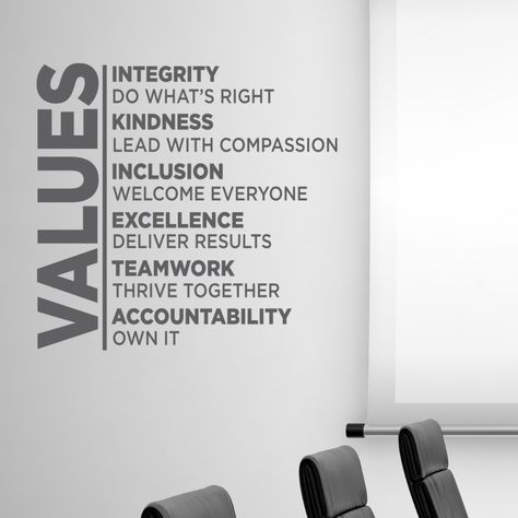 Employee Entrance Ideas, Productivity Quotes Work, Company Values Poster, Brand Values Design, Office Wall Graphics Creative, Wall Branding Ideas, Staff Break Room Ideas, Office Branding Wall, Company Culture Wall