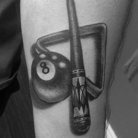 Pool Stick With Rack Mens 8 Ball Arm Tattoo With Black And Grey Shaded Ink Design 8 Ball Pool Tattoo Ideas, 9 Ball Tattoo, 8 Ball Tattoo, Pool Tattoo, Bow Tattoos, Bow Tattoo Designs, Stick Tattoo, Ball Tattoo