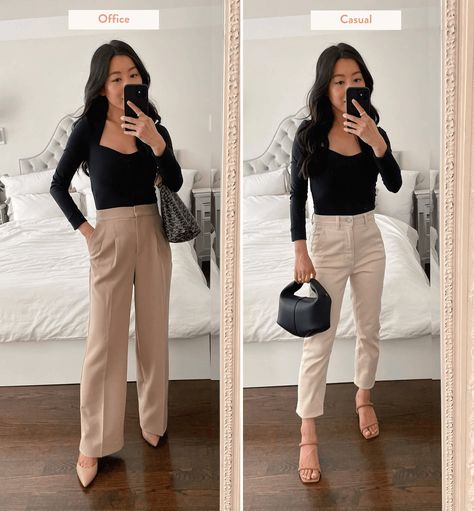 spring work to weekend outfits // how to style a chic black top for the office and for a casual date night look Business Office Outfits, Spring Office Outfits, Corporate Girlie, Petite Work Outfits, Petite Casual, Business Casual Fall, Work Outfit Ideas, Petite Business Casual, Spring Work