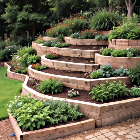 25 Sloped Garden Ideas to Enhance Your Landscape Design Backyard Landscaping Terraced, Edible Garden Landscape Design, Vegetable Garden On A Hill, Tiered Garden Ideas Sloped Yard, Steep Garden Ideas, Landscaped Hillside, Garden On Slope, Sloped Garden Ideas, Sloping Garden Ideas