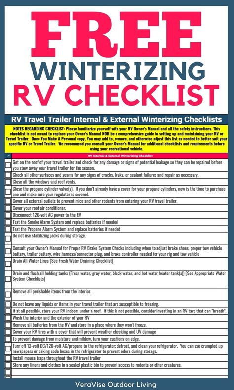 FREE Internal & External RV Winterizing Checklist [PRINTABLE] | VeraVise Outdoor Living Winterize Rv Travel Trailers, Camper Maintenance Checklist, Rv Tips And Tricks, Winterize Camper, Rv Winterizing, Rv Checklist, Camper Maintenance, Rv Camping Checklist, Rv Travel Trailers