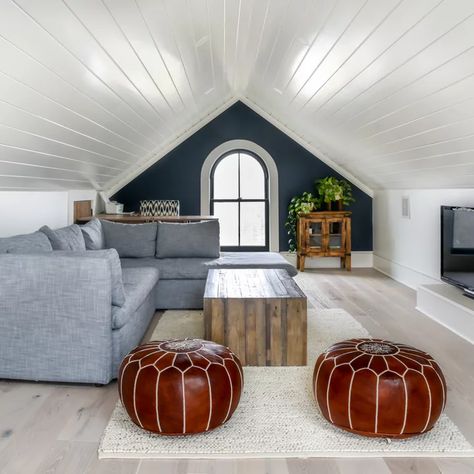 Attic Remodel - Photos & Ideas | Houzz Attic Room Playroom, Attic Bedroom Conversion, Finished Attic Space, Attic Tv Room Sloped Ceiling, Attic Movie Room, Attic Lounge Ideas, Bonus Room Ideas Upstairs, Attic Living Room Ideas, Cool Attic Rooms