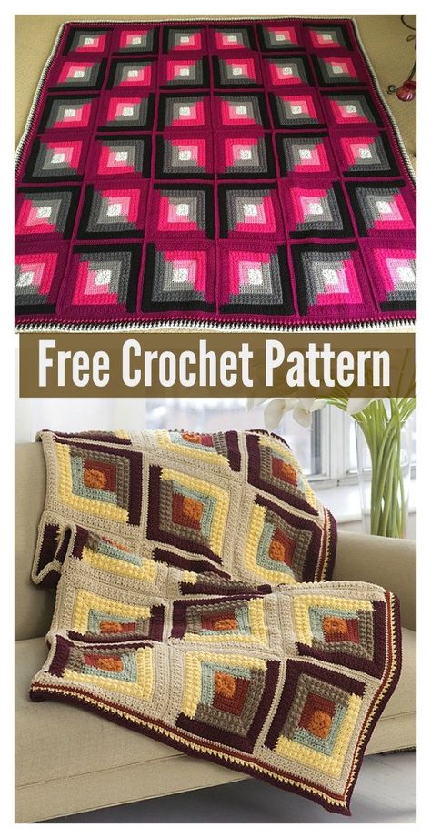 Log Cabin Blanket Free Crochet Pattern Cabin Crochet, Log Cabin Blanket, Cabin Blanket, Crochet Quilt Pattern, Crochet For Beginners Blanket, Crochet Blanket Designs, Crochet Blanket Afghan, Crochet Quilt, Yarn Knitting