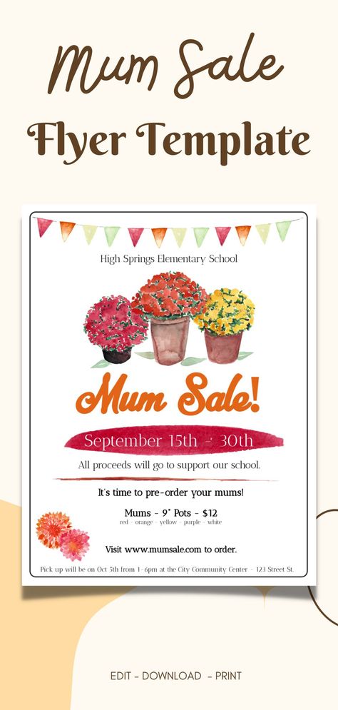 Fall Mum Sale Fundraiser Flyer Template, School Fundraiser Flyer, PTA, PTO, School, Church, Chrysanthemum Flyer, Easy to use template Fall Fundraiser Ideas, Fundraising Flyer Design, Fundraising Ideas Non Profit, Cheer Fundraisers, Middle School Fundraisers, September School, Pta Ideas, Church Fundraisers, Pto Ideas