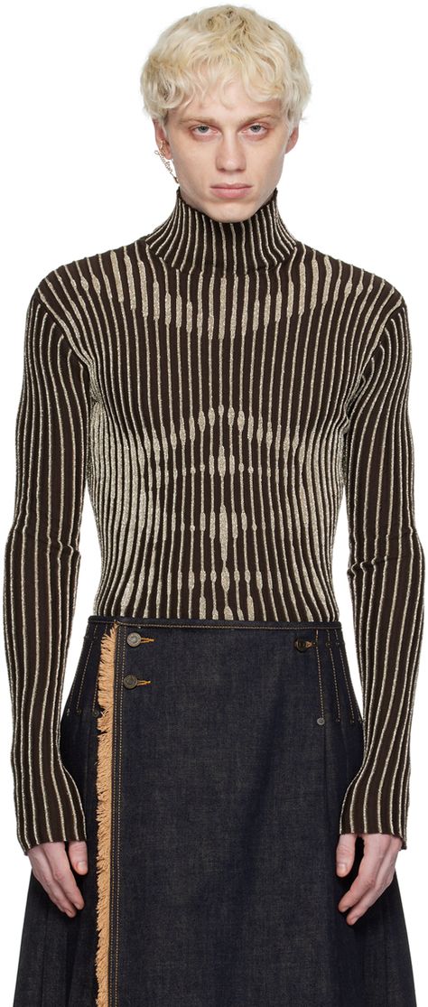 Rib knit extrafine merino wool-blend sweater. Metallic thread stripes throughout. · Turtleneck · Locker loop at back collar Part of the Tattoo collection. Supplier color: Brown/Silver Turtleneck Aesthetic Men, Alt Punk Fashion, Jean Paul Gaultier Shirt, Jean Paul Gaultier Men, Outfit With Turtleneck, Mens High Fashion, Shredded Sweater, Industrial Fashion, Beard Fashion