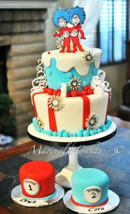 Thing one and thing two... Dr Seuss Cake, Colorful Birthday Cake, Twin Birthday Cakes, Gateau Baby Shower, Twins Cake, Dr Seuss Birthday Party, Twin Birthday Parties, 2 Birthday Cake, Twins 1st Birthdays